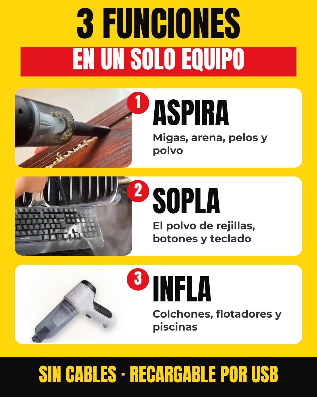 3 funciones en un solo equipo: aspira, sopla e infla