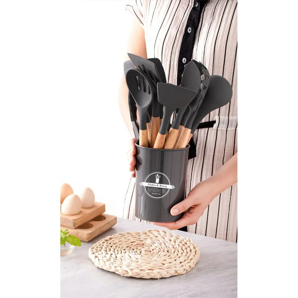 Set de Utensilios de Cocina en Silicona con Mango de Madera